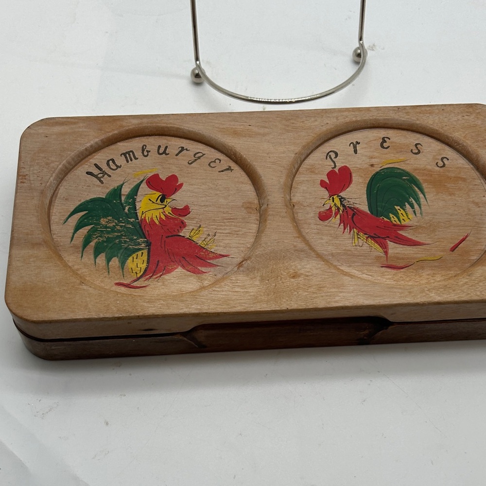 Vintage Wooden Hamburger Press with Rooster Design